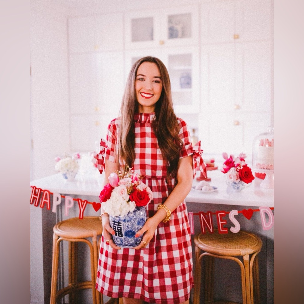 Elizabeth Wilson red gingham high neck bow sleeve dress